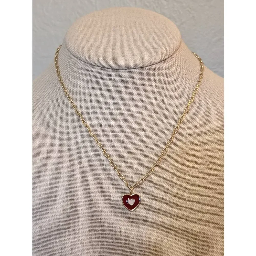 Delicate Gold Tone Chain Red Enamel Heart Pendant Necklace